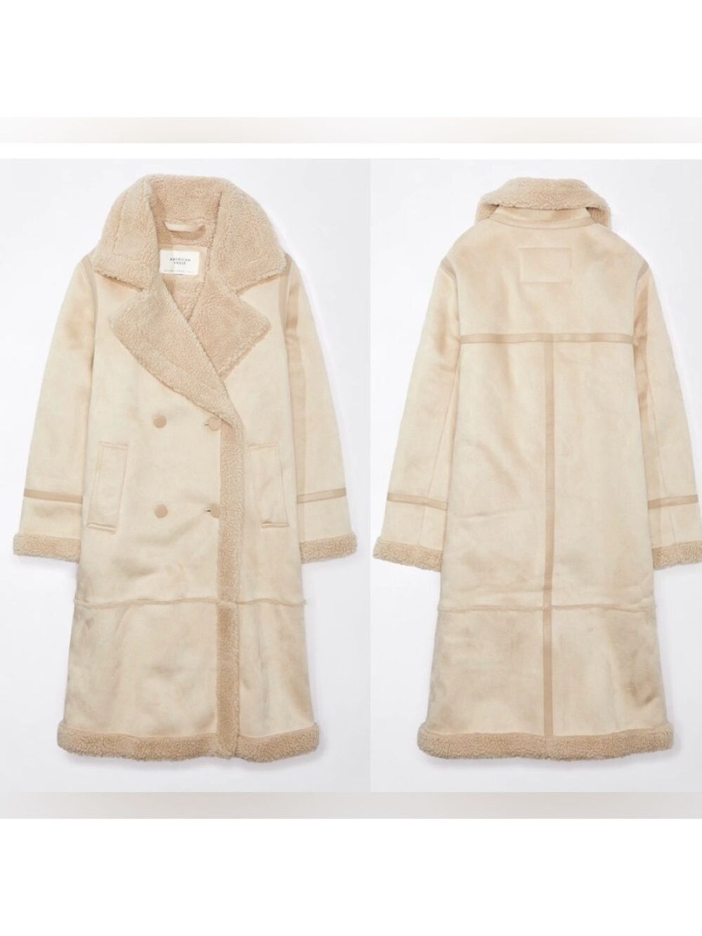 American Eagle double-breasted Vegan faux shearling coat light beige cream Sz L